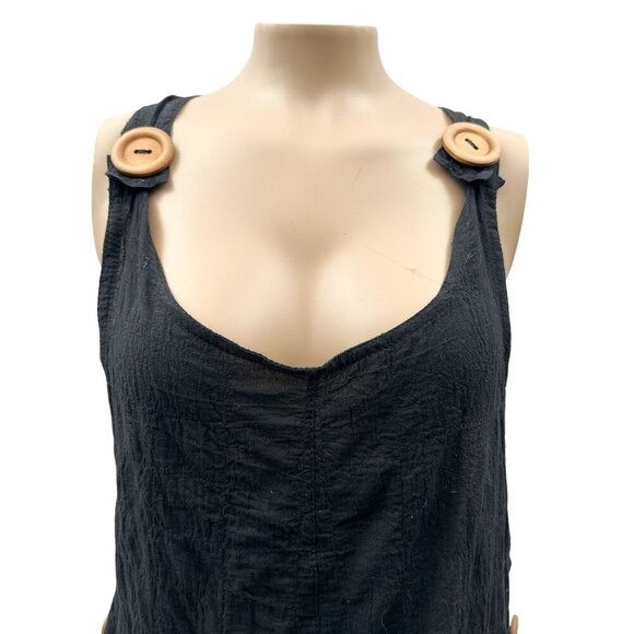 V-Neck Front Pockets Sleeveless Romper Wooden Buttons Crinkled Texture Black M - Picture 10 of 10